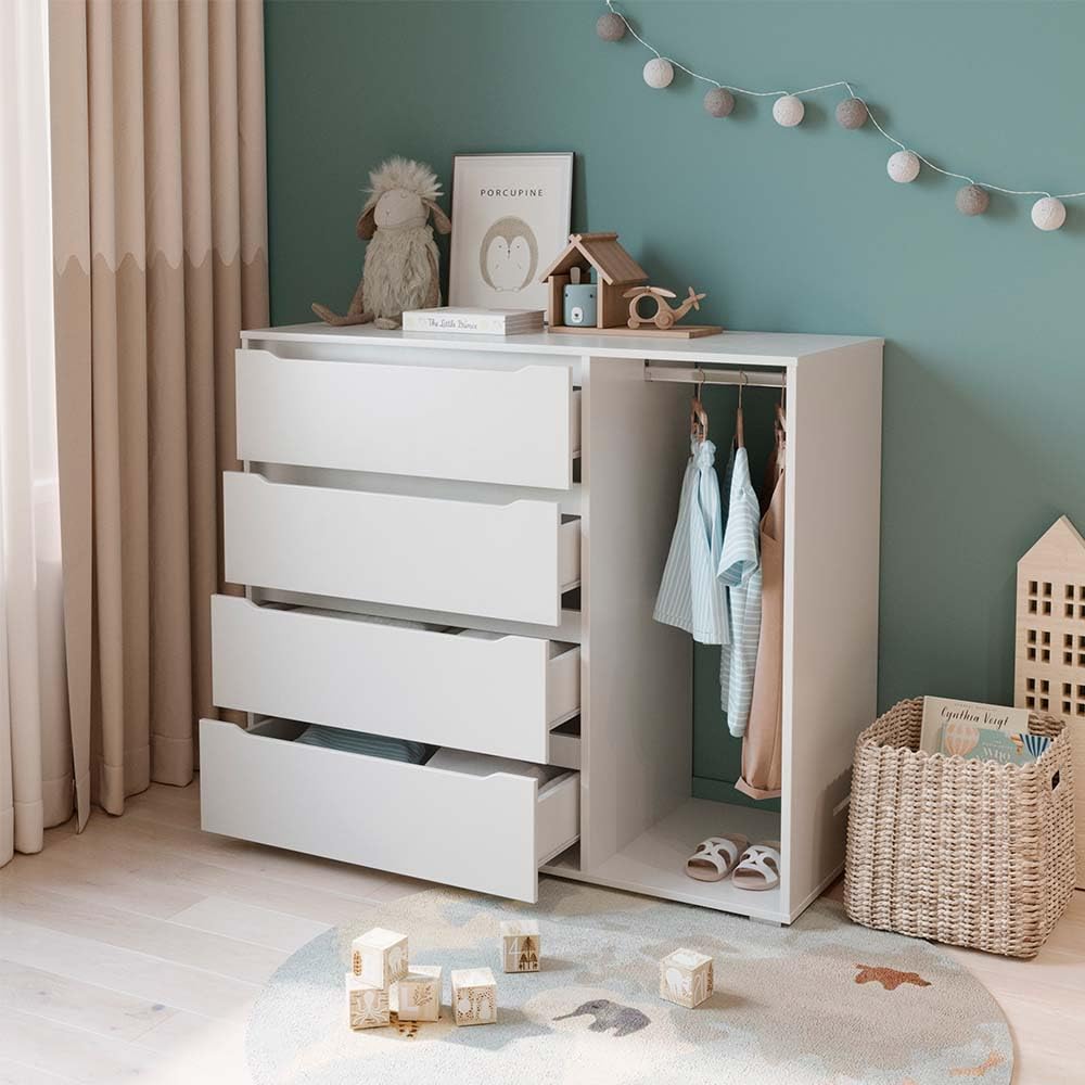 Vicco Kinderkleiderschrank Ruben, Weiß, 120 x 101.9 cm mit 4 Schubladen, geeignet zur Aufbewahrung von Kinderkleidung und Accessoires