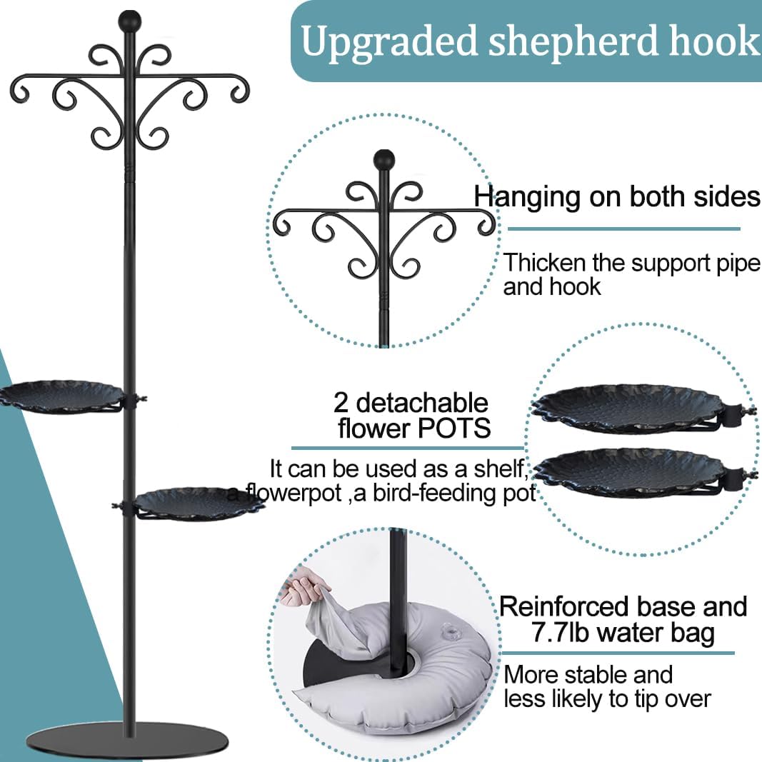 Thickened 74.5" Shepherd's Hook with Stand，Bird Feeder，Wind Chime Hanger Stand, Waterproof Metal & Adjustable-Height Pole Holder for Lantern ，Wreath, Hanging Plants Indoor & Outdoor（2 Placement Racks)