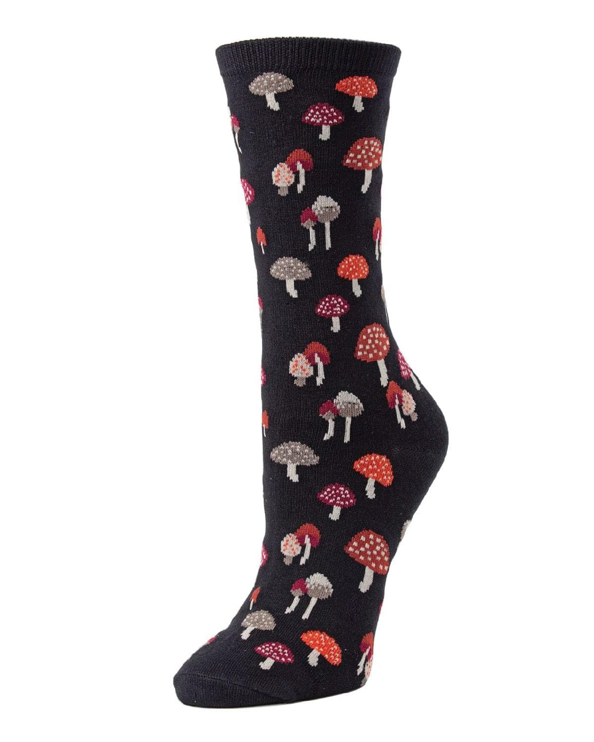 Memoi Women's Black Mushroom Field Bamboo Blend Crew Sock - One Size