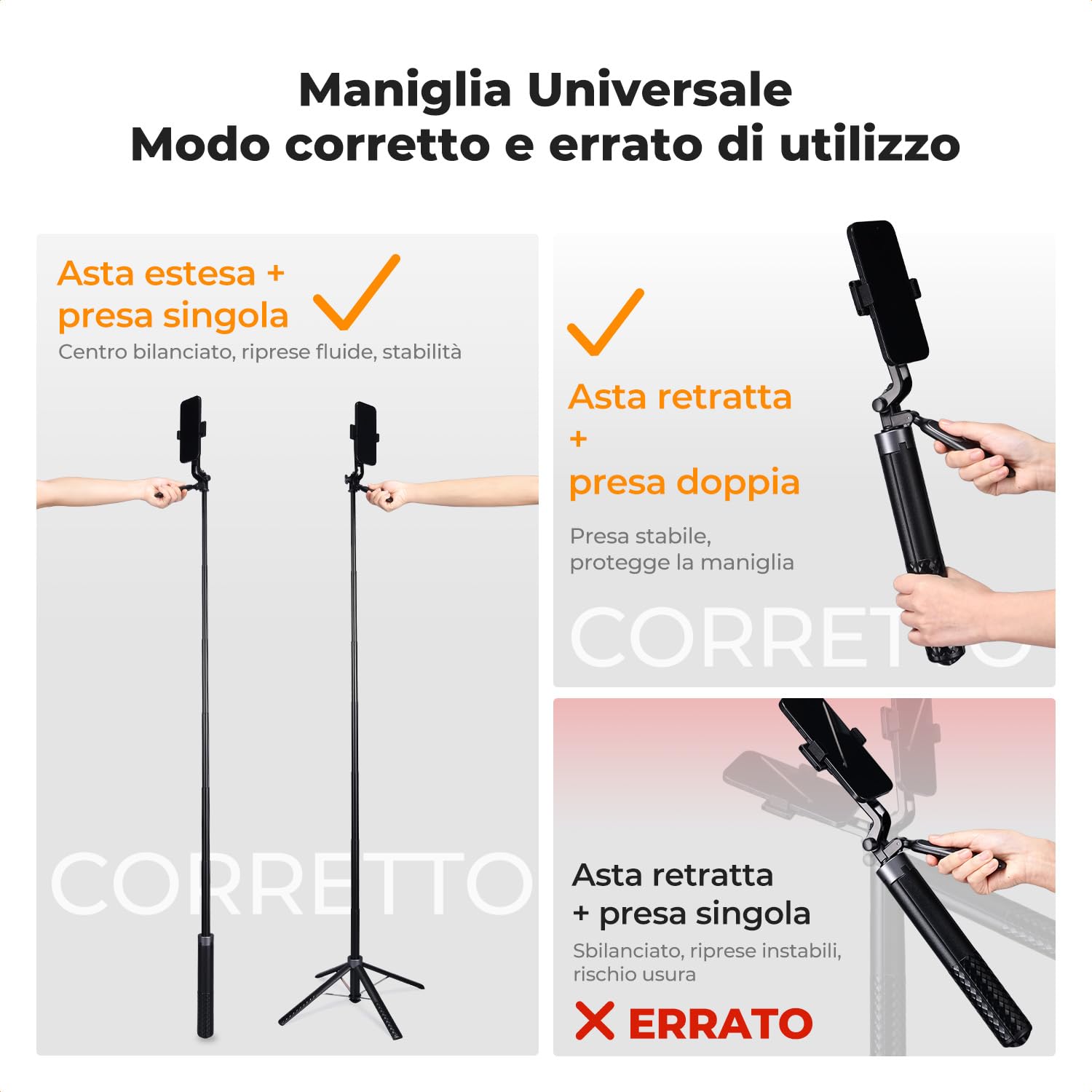 K&F CONCEPT 177cm Treppiede per cellulare, Adatto per DJI OSMO POCKET 4&3, 4 Gambe e Maniglia Stabilizzatrice, Telecomando Bluetooth, Rotazione 360°, Bastone Selfie per iPhone e Android, Viaggi e Vlog