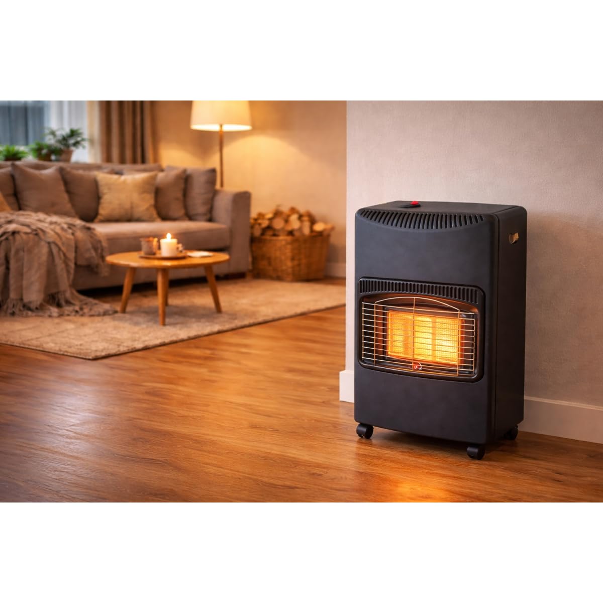 NIKLAS - Grzejnik gazowy 4200 W + złącze w zestawie z 3 poziomami nagrzewnicy - szara głowica gazowa na podczerwień na kółkach, łatwy zapłon piezo, wnętrze 120m3
