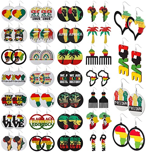 Estune 32 Pairs African Earrings for Black Women Juneteenth Wood Dangle Earrings Bulk African American Jewelry