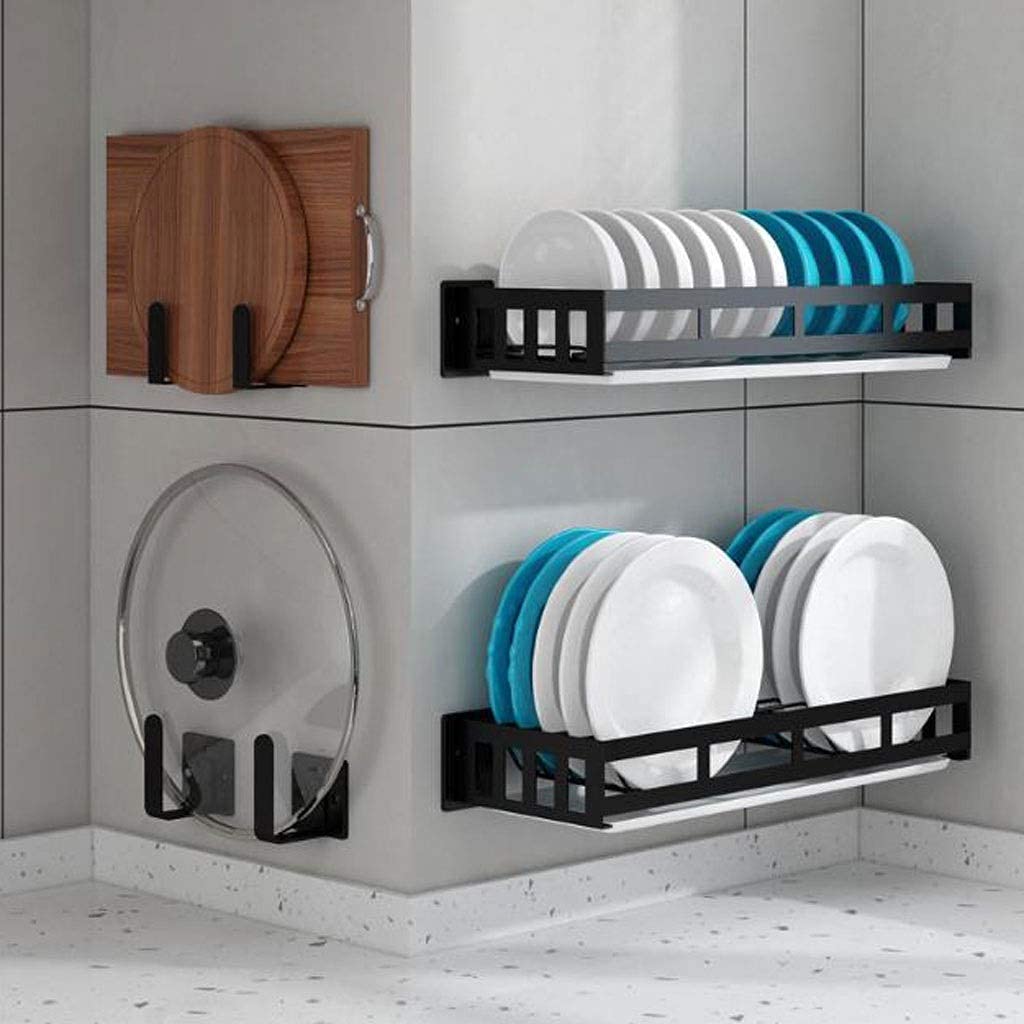 Abtropfgestell für Abtropfgestelle Abtropfgestell für Geschirr, Abtropfgestell und Abtropfbrett, Wand-Abtropfgestell mit Wasserschale, Schneidebrettablage, Topfdeckelablage, Schwar