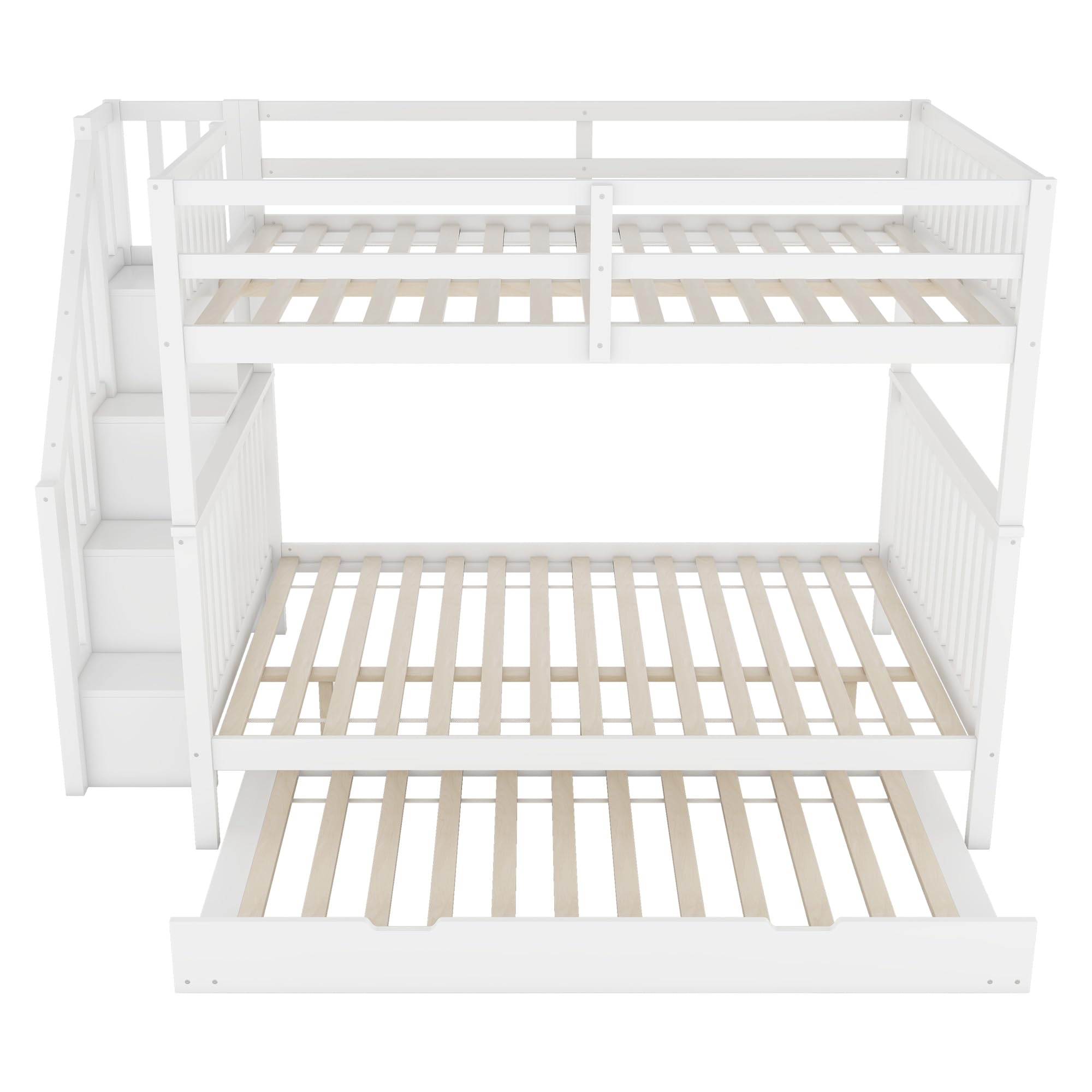 Oyemige Letto a Castello Contenitore, Letto matrimoniale 140x200 cm, Letto per Bambini con Rete a Doghe, Telaio in Legno Massiccio, con scale di contenimento e estraibile, Bianco Senza Materasso