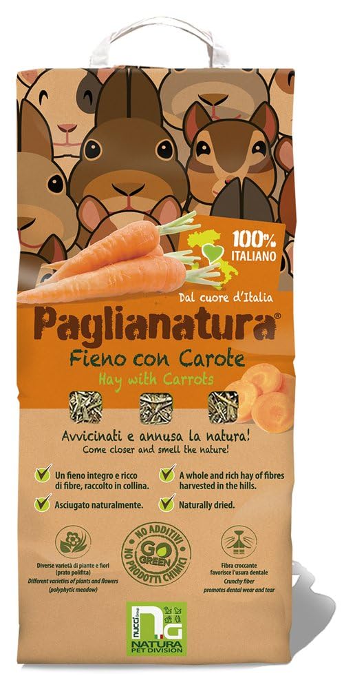 Paglianatura Zestaw 6 torebek z naturalnym sianem 1300 g z marchewką — pokarm bogaty w błonnik i witaminę A dla królików, świnek morskich i gryzoni — wspomaga trawienie i zdrowe zęby