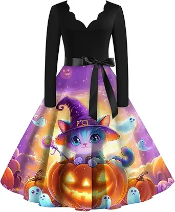 OIOLOYJM Sexy Plus Size Halloween Costumes Woman 2025 Long Sleeve V Neck Printed Gothic Retro Formal Party Dresses for Women