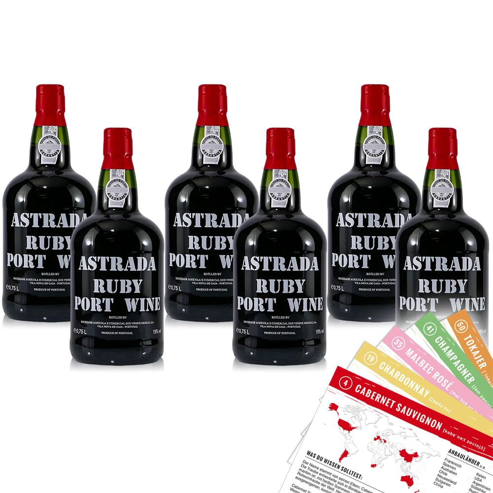Astrada Ruby Portwein DOP, süß, sortenreines Weinpaket + VINOX Winecards (6x0,75l)