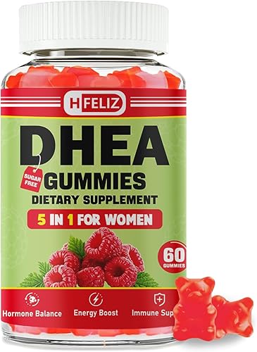 Suplemento DHEA para mujeres, DHEA 25 mg gomitas con B6, B12, Folato y Chasteberry para apoyo energético, vegano, sabor frambuesa, 60 unidades