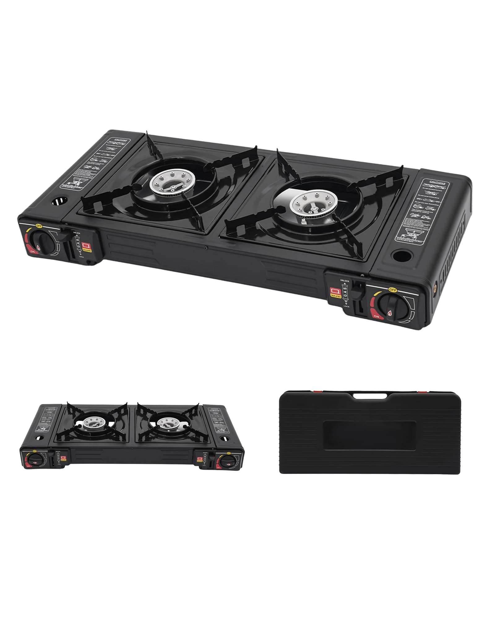 Fornello da Campeggio 2 Fuochi 2,5 kW, Fornello a Gas 2 Fuochi con borsa portatile, per butano/GPL, Accensione Piezoelettrica, per camper, appartamenti, Esterno