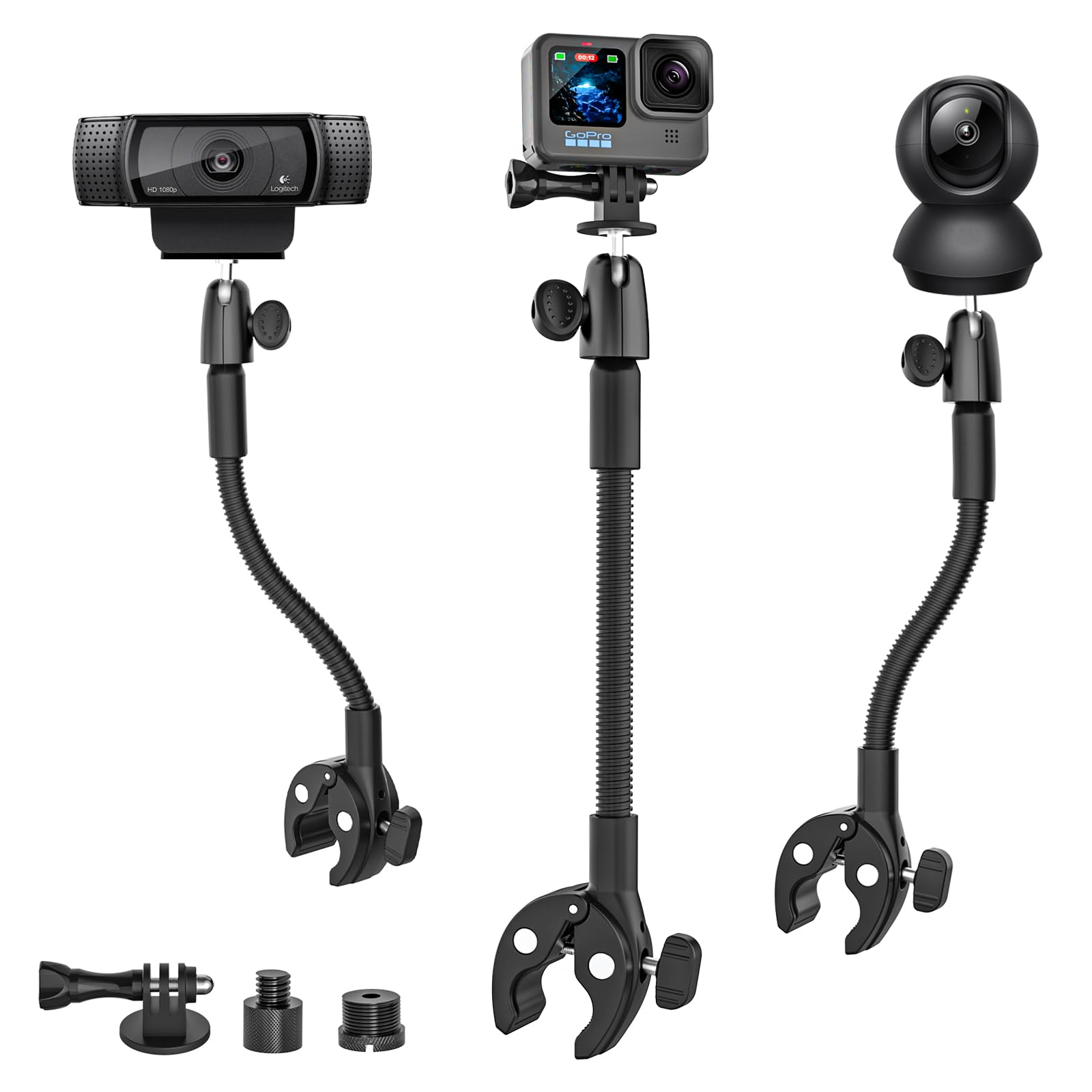 Gooseneck Clamp Camera Mount with 1/4“ 3/8" 5/8" Screw, Go Pro Mounts for Handlebar, Desk, Tube, Cross Bar, Compatible with GoPro Hero 13/Baby Monitor