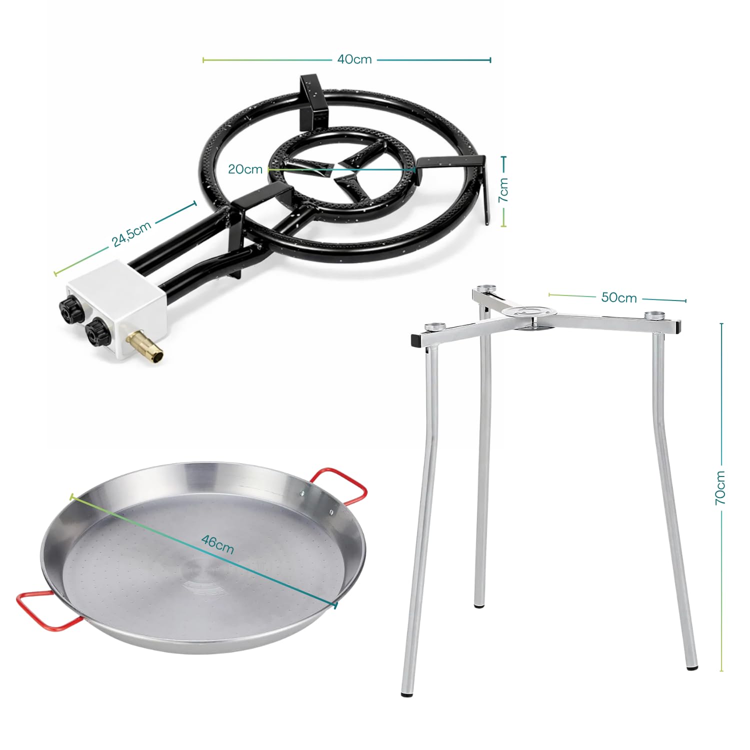 PALUPLUS Set Paellera Composto da: Cavalletto Treppiede Regolabile, Padella Paella da 46 cm, Bruciatore a Gas da 40 cm a 2 Fuochi e Regolatore di Pressione, per Cene ed Eventi