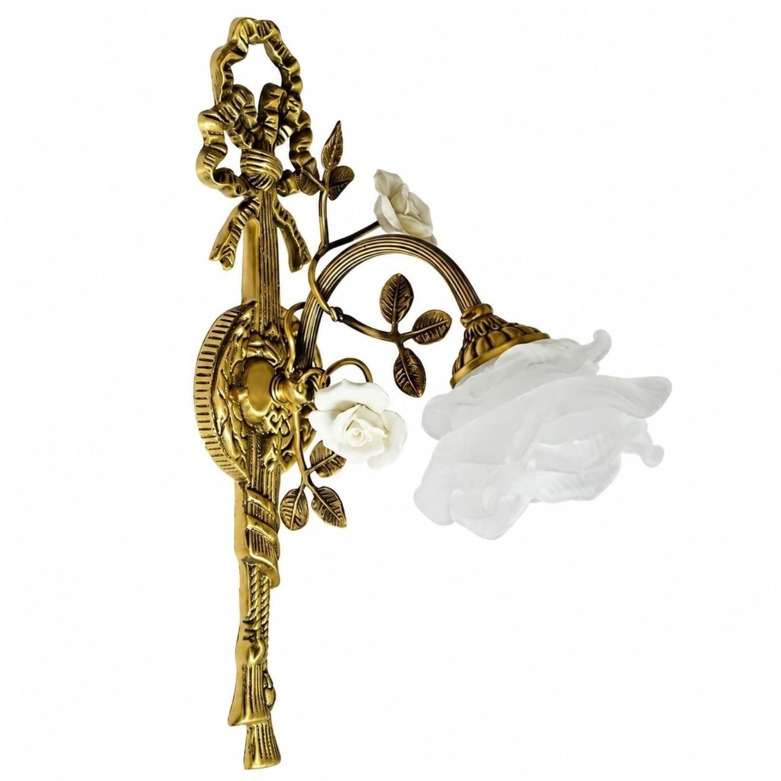 LUOYAOB Country Vintage Wall Sconce Rose Ceramic Glass Shade Antique Brass Floral Wall Light Fixture for Bedroom Hallway Entryway Parlor Living Room Indoor Wall Lighting