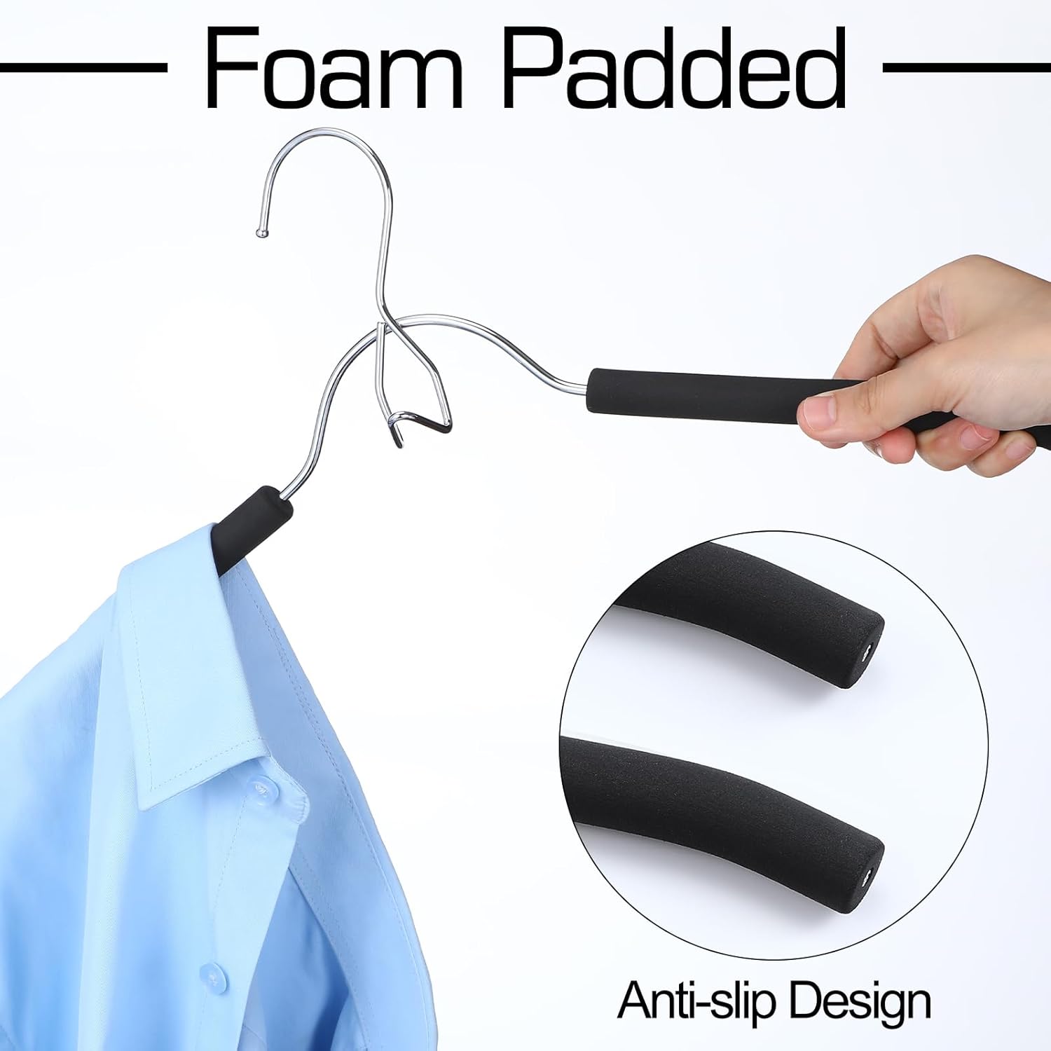Beeveer 10 Pcs Foam Padded Hangers Black Non Slip Sponge Padded Hangers for Women Clothing with Hooks Save Space for Coat, Sweaters, Blouse, Wedding Dress, Clothes