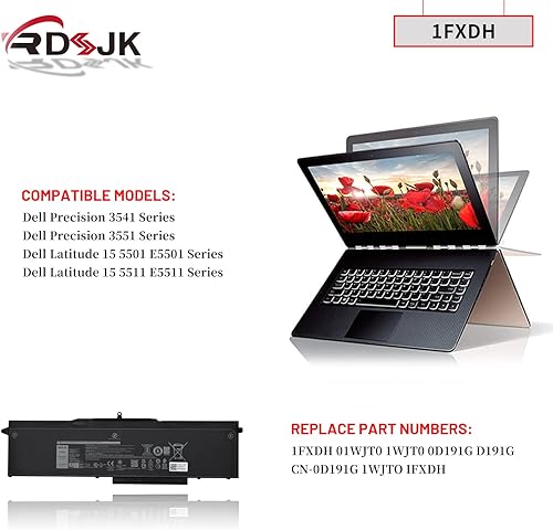 Miniatura 3 de 1FXDH 1WJT0 - Batería para portátil Dell Precision 3541 3551 Latitude 15 5501 5511 E5501 E5511 Series 01WJT0 D191G 0D191G CN-0D191G 11.4V 97Wh