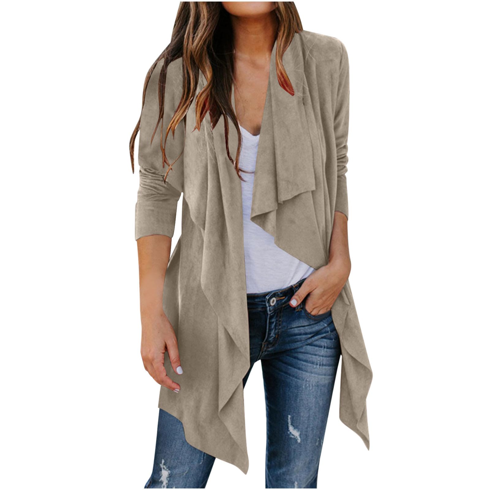 Faux Suede Jacket Women Drape Front Open Asymmetrical Cardigan Long Sleeve Irregular Hem Casual Lightweight Duster