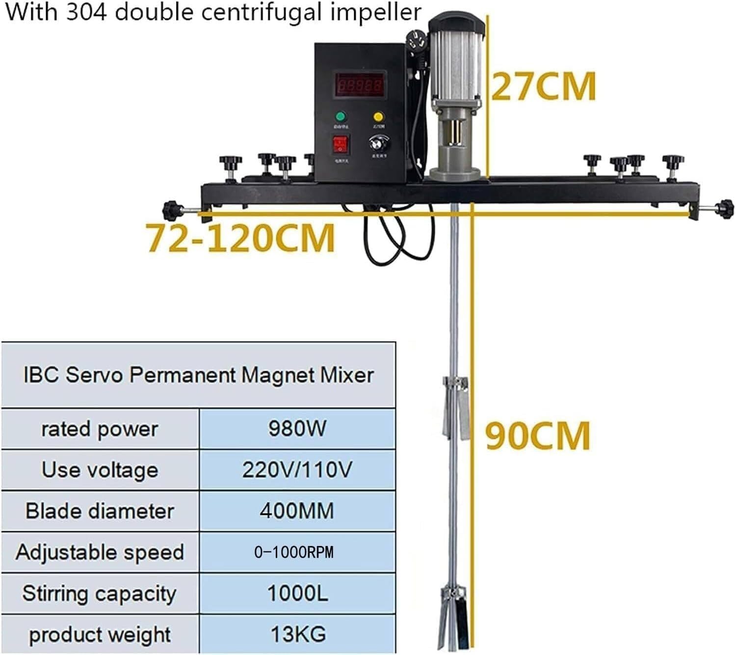 Mezclador Eléctrico 980W para Cubas con Hélice Plegable, Velocidad 0-1000 RPM Ajustable, Varilla Acero Inoxidable para Pintura, Pegamento y Cemento en IBC y Tanques | Agitador Industrial,C