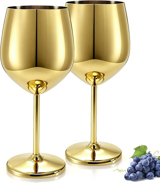 DEAYOU paquet de 2 304 Verres à vin en acier inoxydable, 17 Oz verre à vin incassable, Gobelet de vin résistant aux éclaboussures en acier doré, Boireie en métal portable pour Champagne, Piscine, Intérieur extérieur, Fête