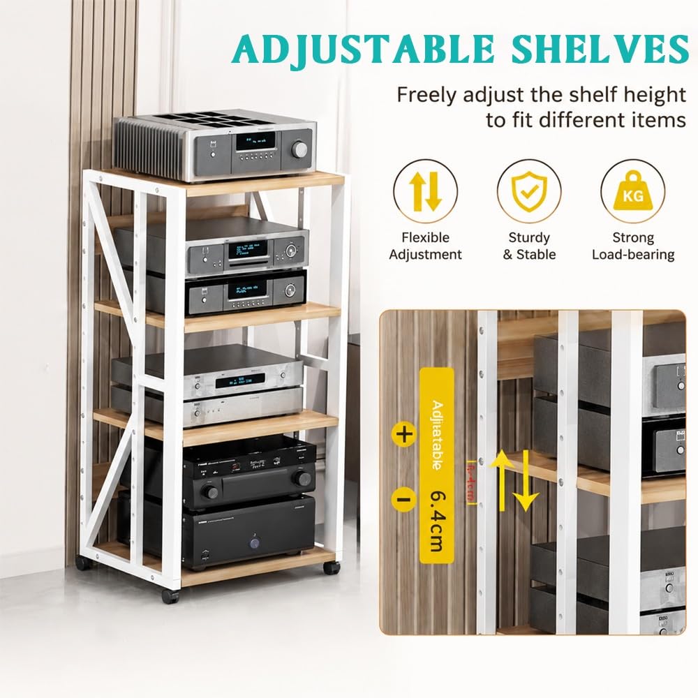 Soporte multimedia AV de 3, 4 o 5 niveles, estante de audio móvil, soporte giratorio de altura ajustable, estante de madera, estante estéreo, armario de almacenamiento multimedia (negro, 3 niveles)