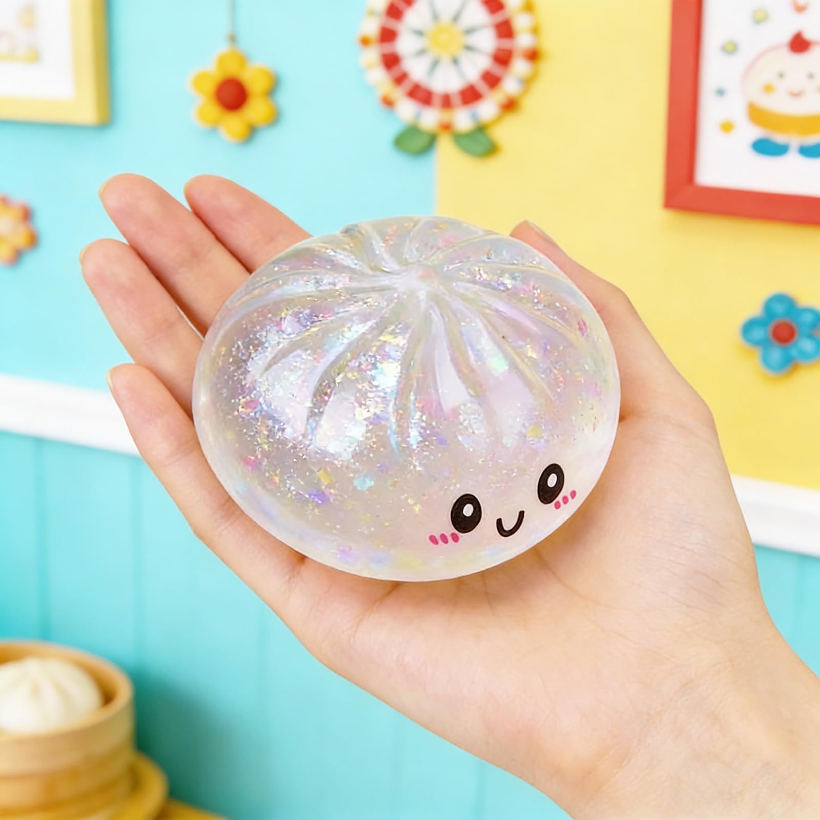 Dumpling Squishies Toy,Glitter Squishy Dumpling Box,Colorful Dumplings Stress Fidget Toys,Soft Anxiety Relief Sensory Squeeze for Adult (White) - 5