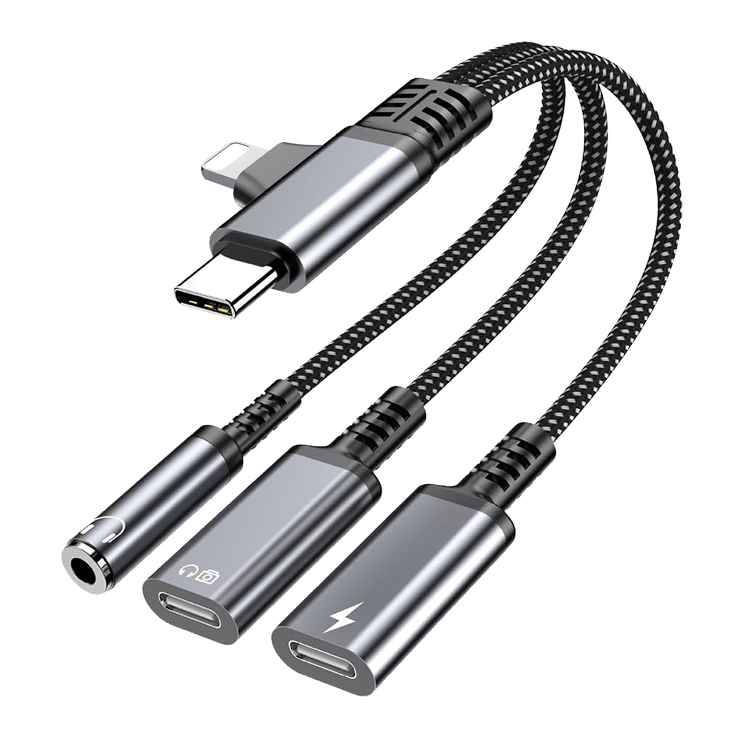 3 in 2 headphone adapter with charging, usb c to 3.5mm aux splitter with lightning & type c dual input, listen music & charge, compatible with iphone 15/16 pro max, ipad, samsung galaxy