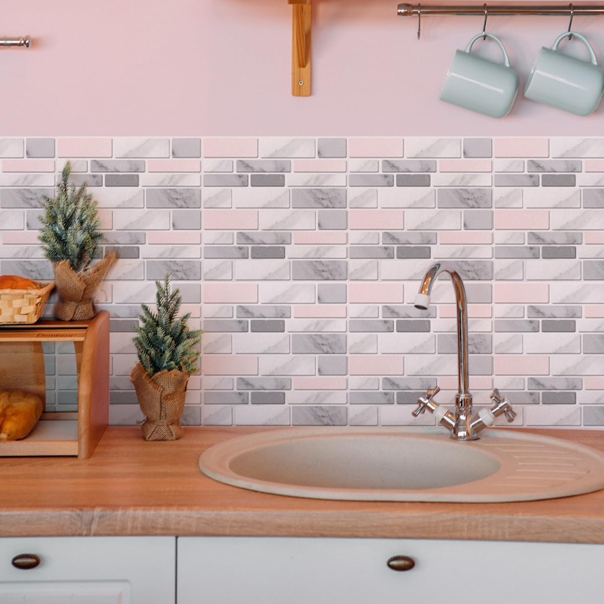 Tile Stickers Pink Grey Stick On Tiles PVC Bathroom Decor Waterproof Bathroom Tile Stickers,DIY Peel and Stick Tiles Kitchen Transfers Covers for Kitchen Bathroom 20 PC(15x15cm)