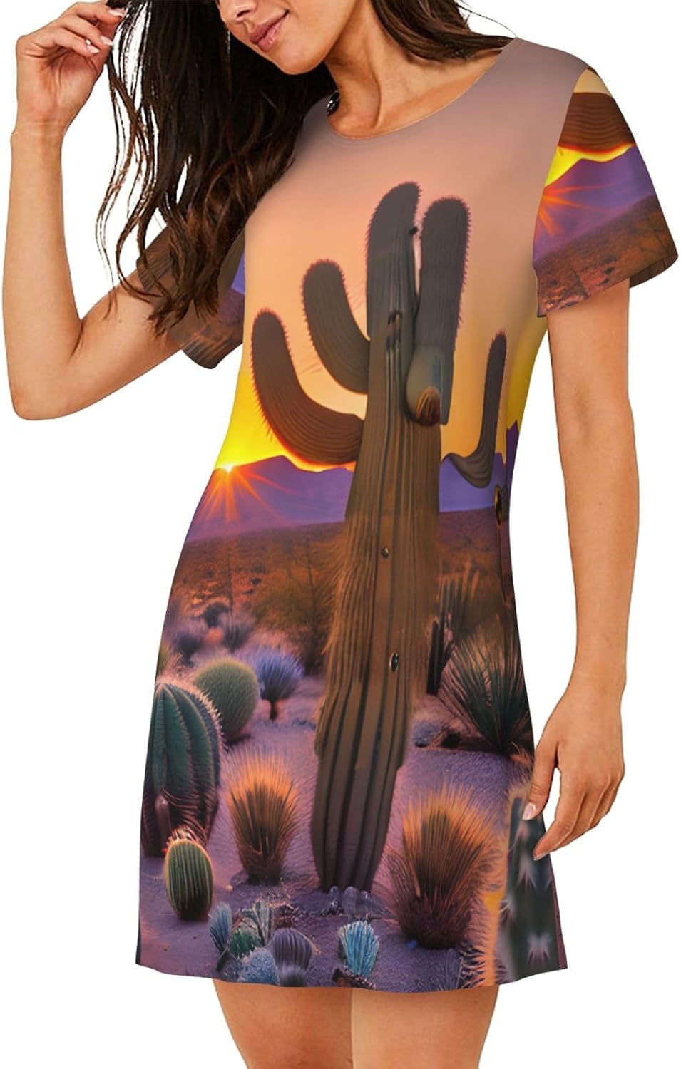 Cactus Desert Sunsets Print Sleep Shirts for Women Short Sleeve Night Shirts for Sleeping Pullover Nightgown