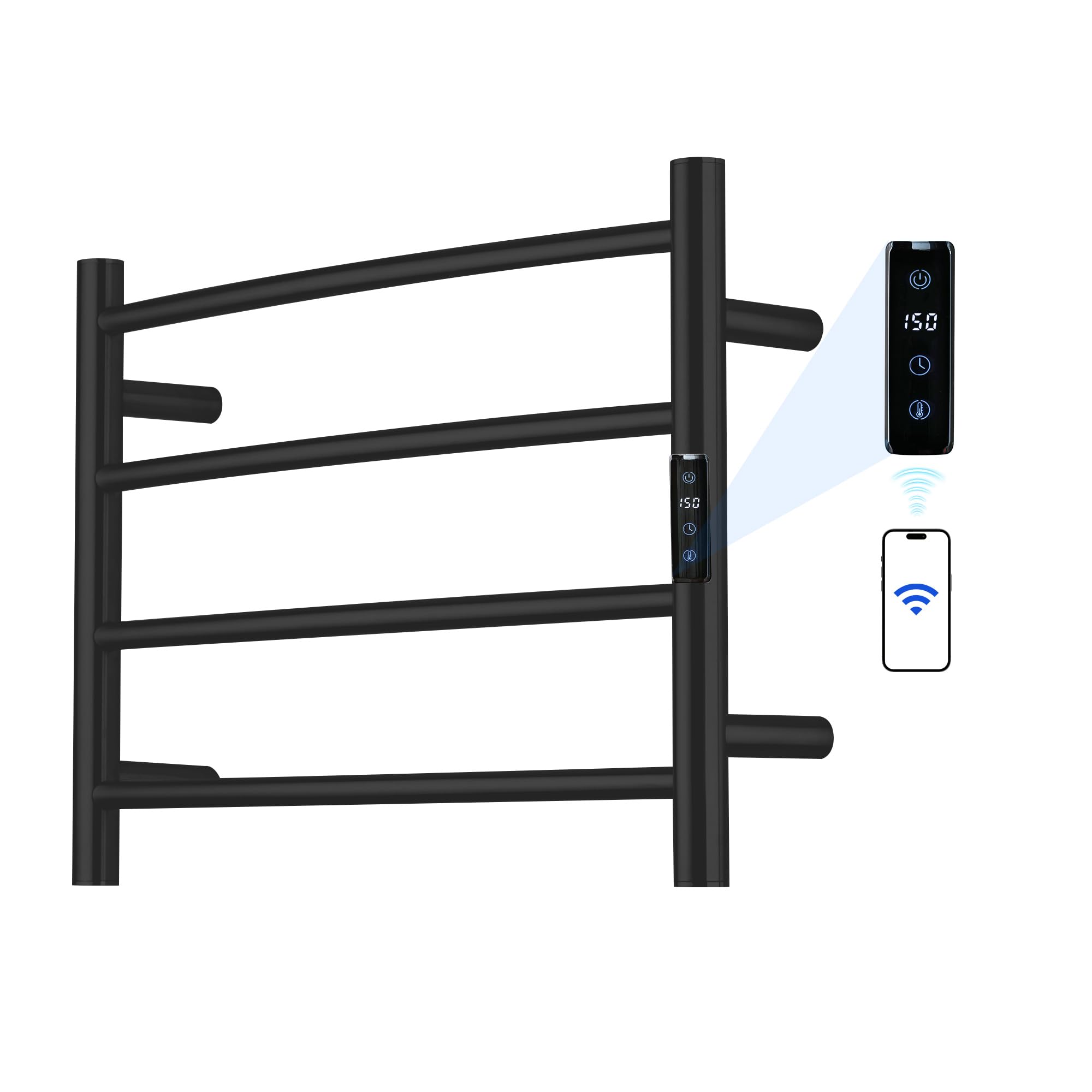 Electric Towel Rack with Voice Control for Alexa & Google Home,TUYA - Wall-Mounted Bathroom Heating Towel Warmer,Plug-in,Stainless Steel Material,16.54x23.62x5.51 in,Black,4 Bars 4 Bar Black With Wifi