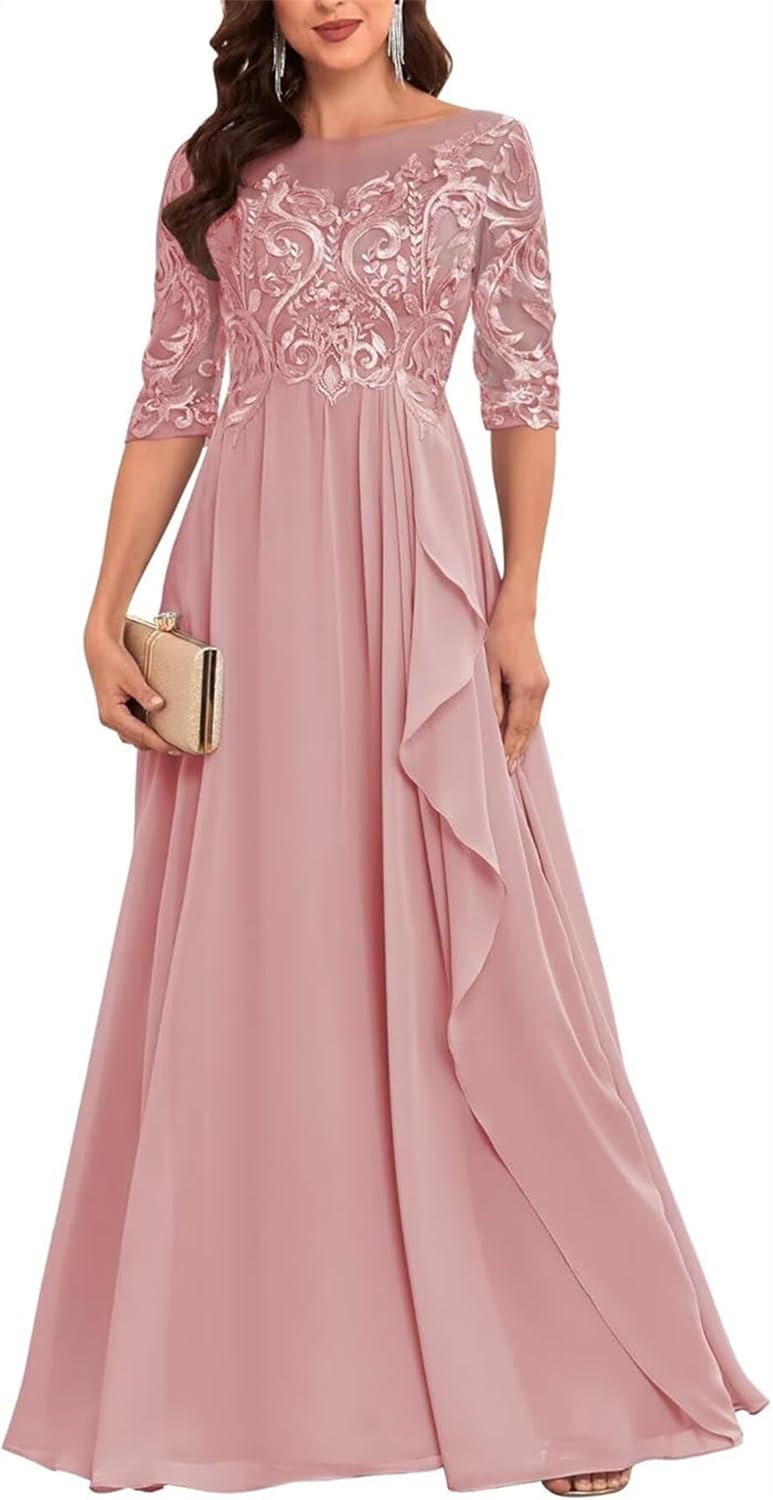 YIANN Dusty Rose Lace Mother of The Bride Dresses for Women Plus Size Chiffon Mother of The Groom Dress with Sleeves UK26