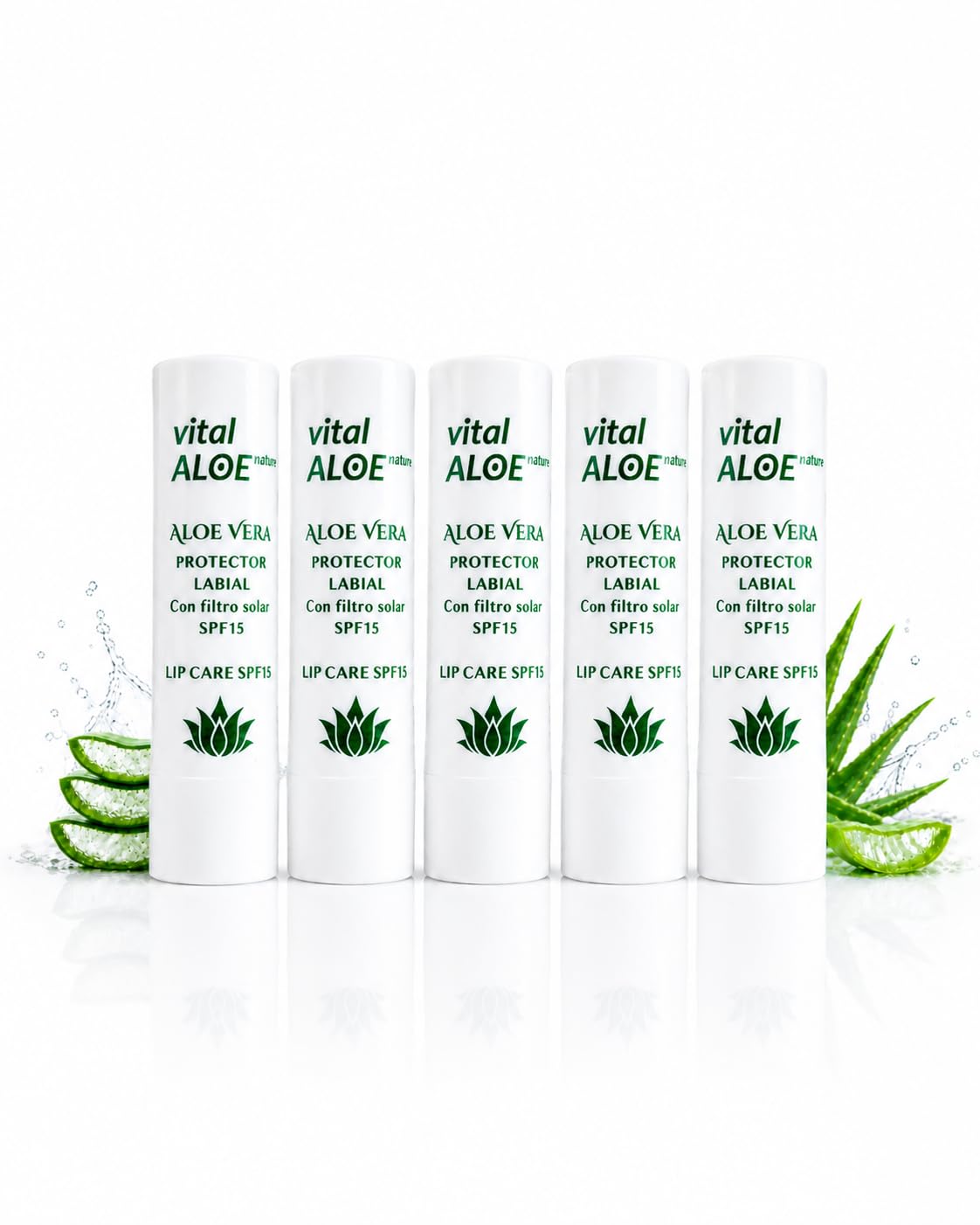 Balsamo Labbra Aloe Vera SPF 15 | 5 unità | Stick Labbra Idratante con Filtro Solare | Cura Quotidiana per Labbra Secche | Texture Morbida Non Appiccicosa | Ideale Estate e Inverno