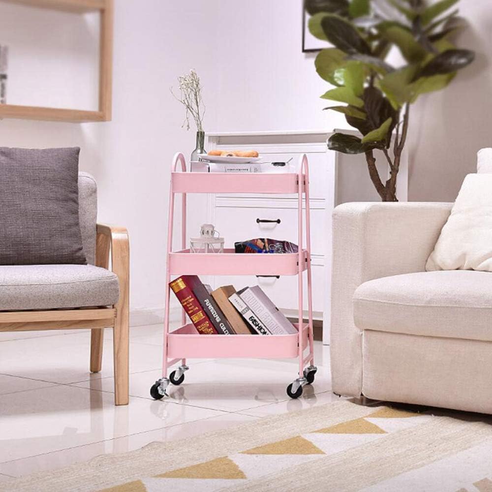 Storage Rack Mobile Kitchen Rack Trolley with Wheel Bedroom Storage Beauty Multi-Layer Girl Push Storage Shelf,White (Pink)