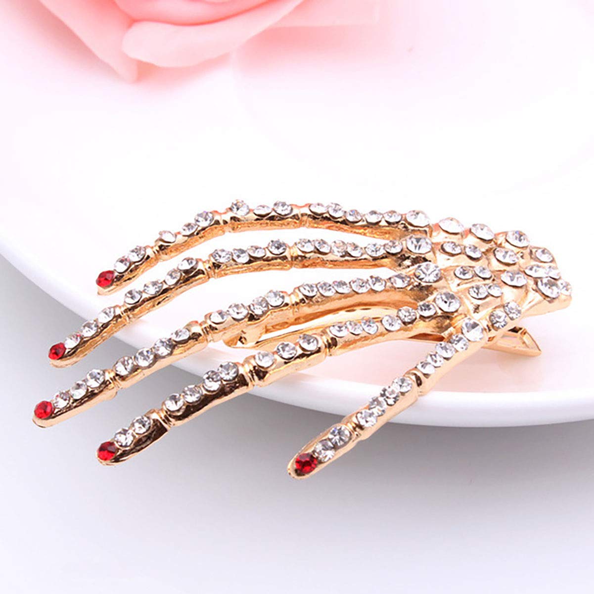 Skeleton hands Halloween hair clips rhinestone studded gold​​ Red Nail New x2 Amazon.com : 6 Pcs Halloween Rhinestone Skeleton Hand Hair  main image 4
