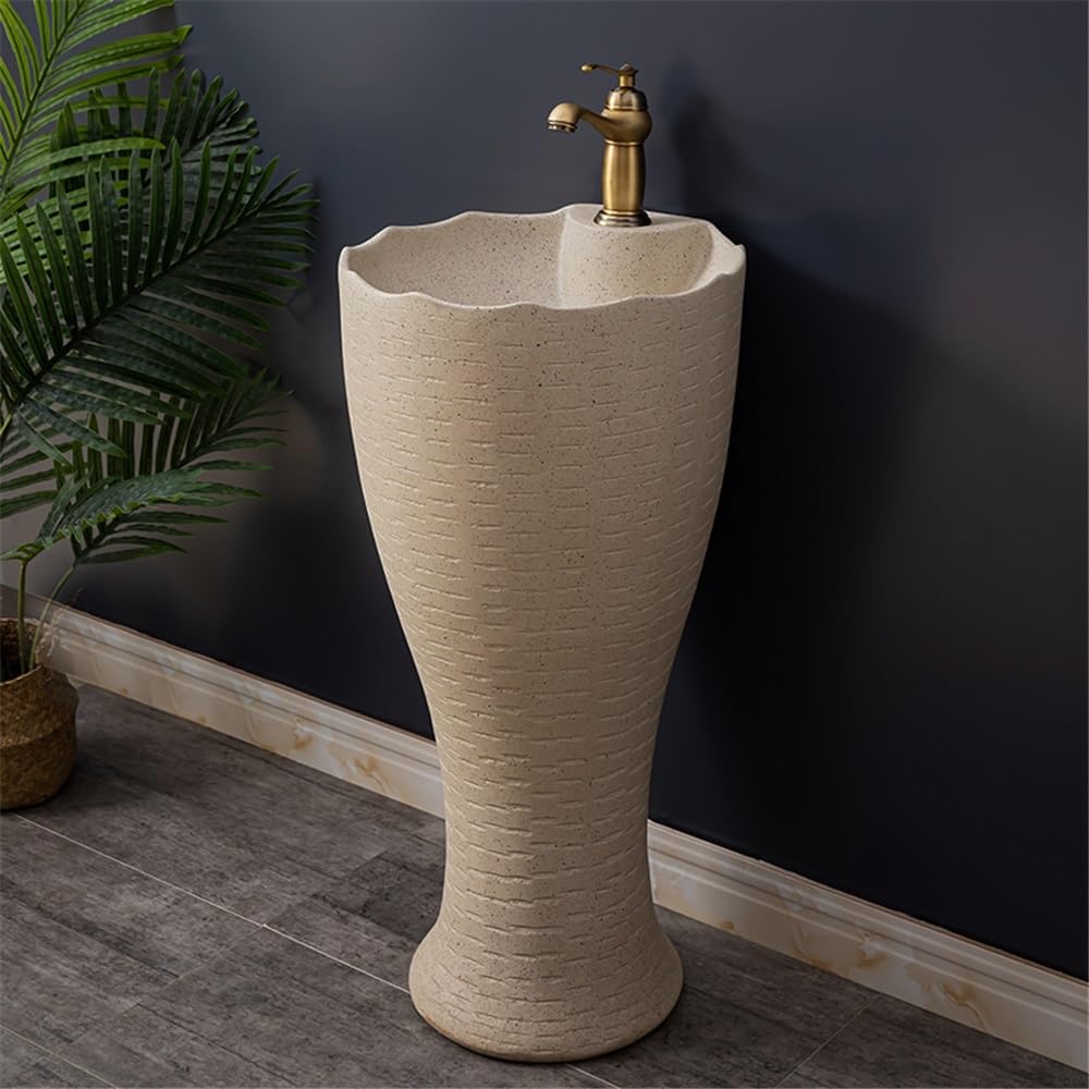 Ceramiczny zlew na cokół do łazienki z kranem i zestawem odpływowym – stylowa konstrukcja oszczędzająca miejsce dla nowoczesnego wystroju, łatwa instalacja