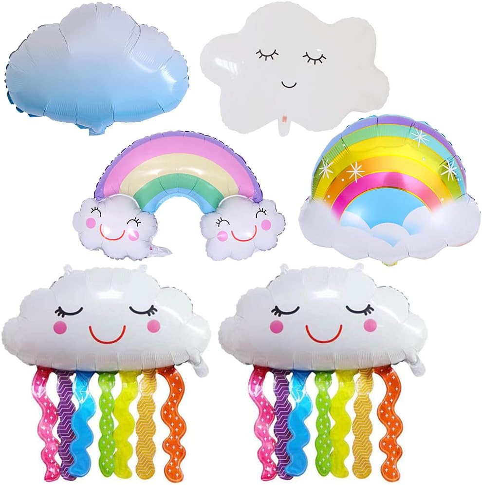 BESTZY Globos de Papel de Aluminio de Mylar, 6 Piezas con Forma de Nube de Arco Iris, Globos de Borla de Cara Sonriente para Suministros de Decoraciones de Fiesta Cumpleaños Baby Shower