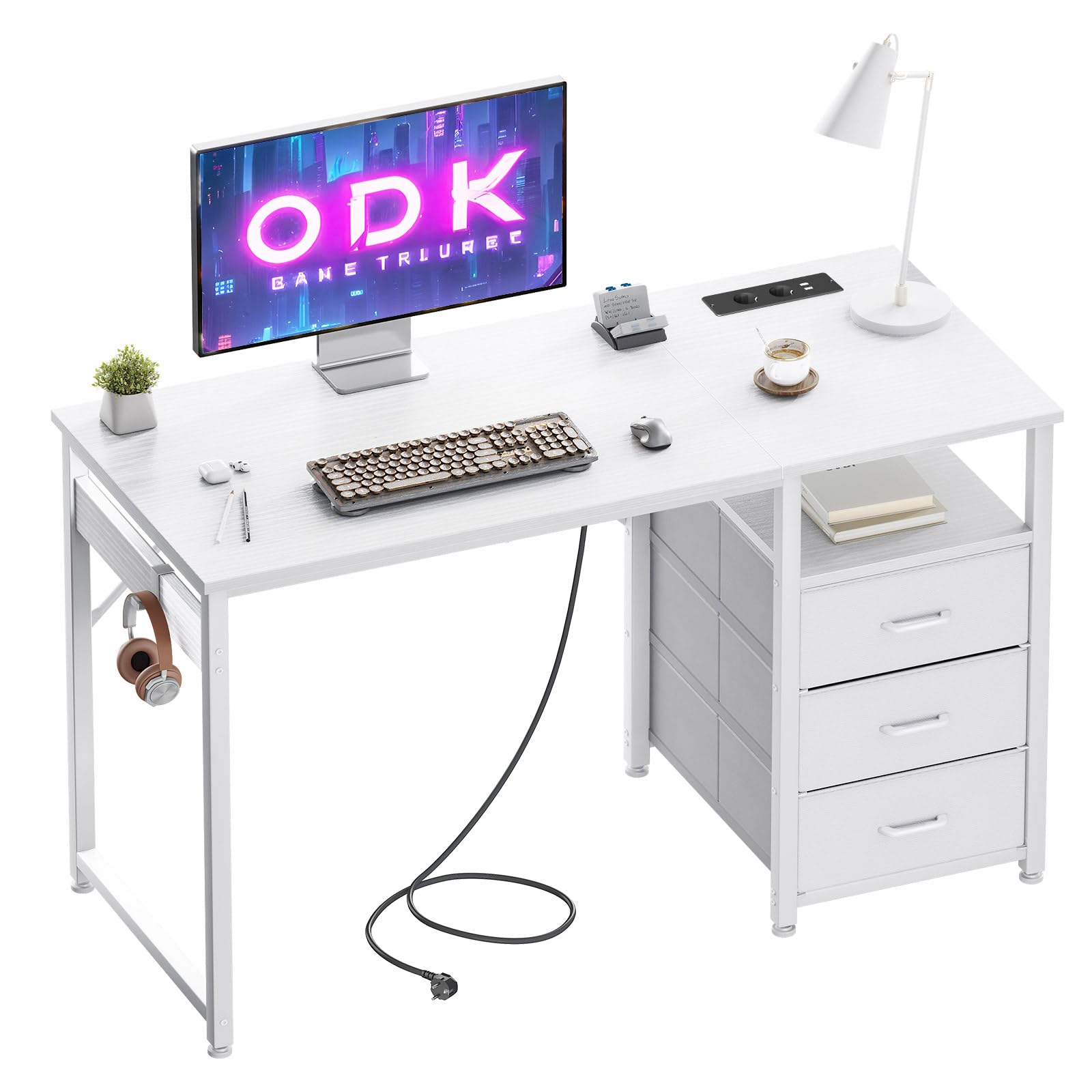 ODK Schreibtisch mit 3 Schubladen aus Stoff, 120x48x75,5 cm Computertisch mit 2 Steckdosen und USB-Buchsen, Umkehrbarer PC Tisch Bürotisch für Home Office, Weiß