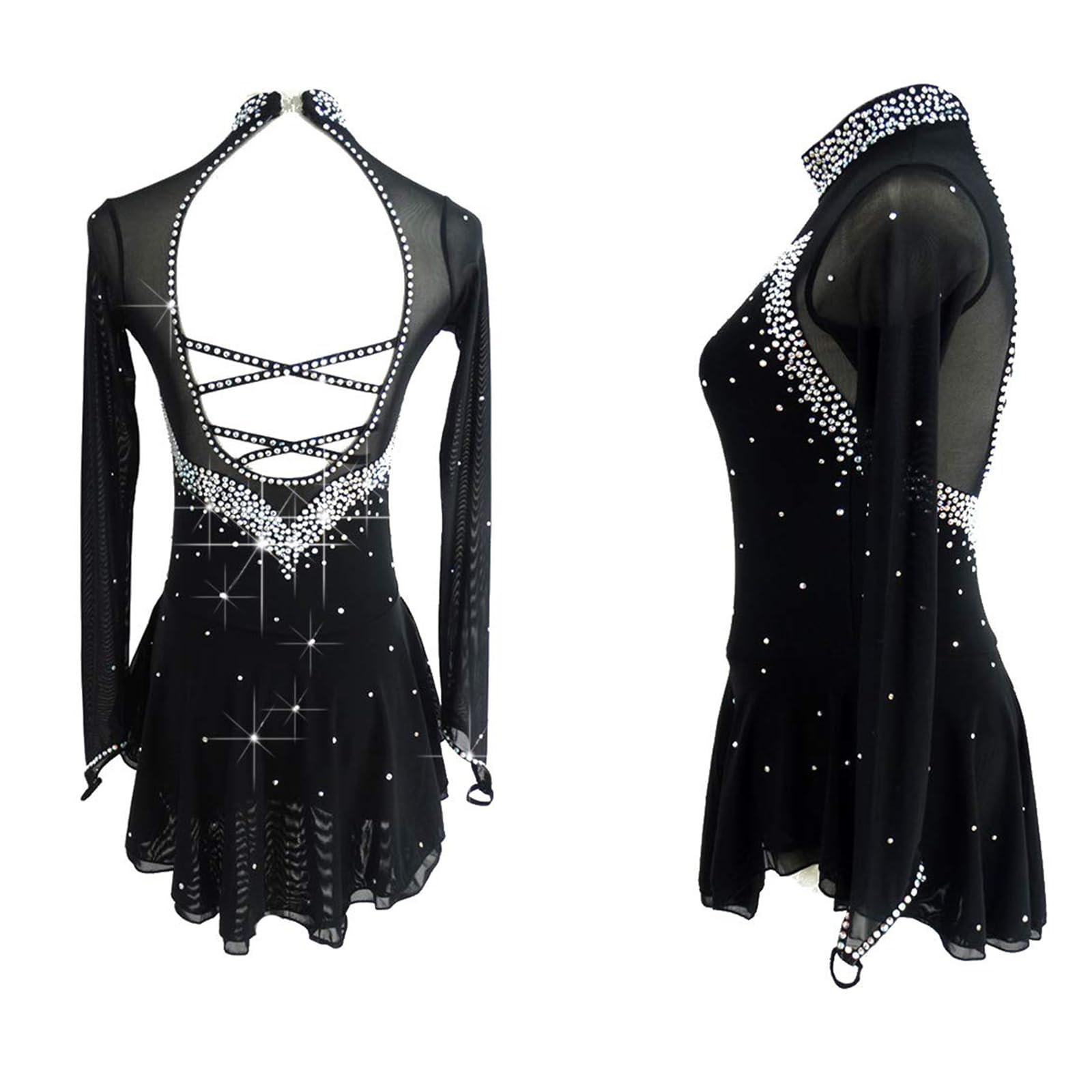 LIUHUO Blue Ice Robe de Patinage Artistique pour Filles et Femmes Dos Nu à Manches Longues et Perles