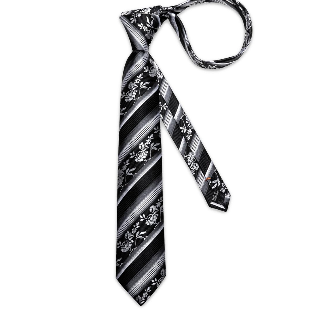 Wvapzxx Herren-Krawatten-Set mit Einstecktuch und Manschettenknöpfen, Schwarz / Weiß gestreift, Seiden-Polyester, Business-Party-Zubehör
