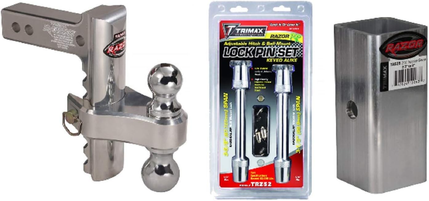 Trimax TRZ8AL-RP TRZ52 TAS25 Aluminum 8-Inch Adjustable Pin Clip Drop Hitch and Ball Mount Lock Pin Set Hitch Adapter Sleeve