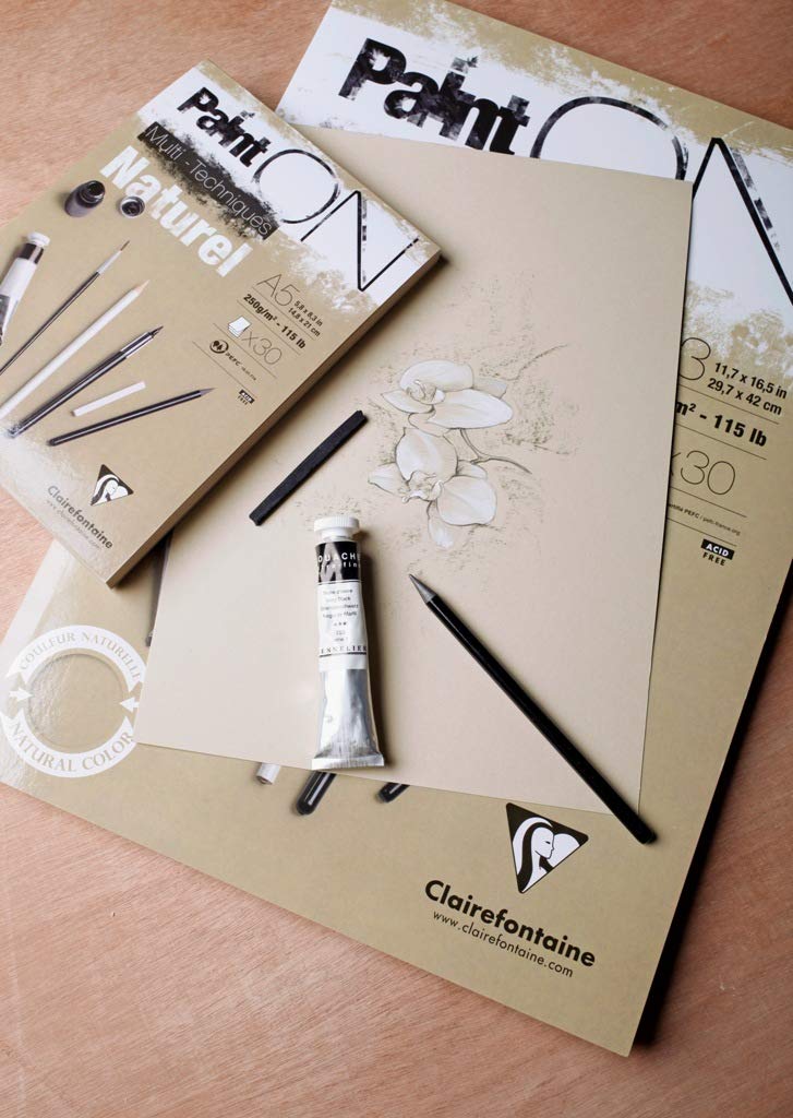 Clairefontaine 96541C Blocco collato PaintON multi-tecnica - 30 fogli carta da disegno multi-tecnica a Grana leggermente rugosa - naturale - A3 29,7x42 cm 250g