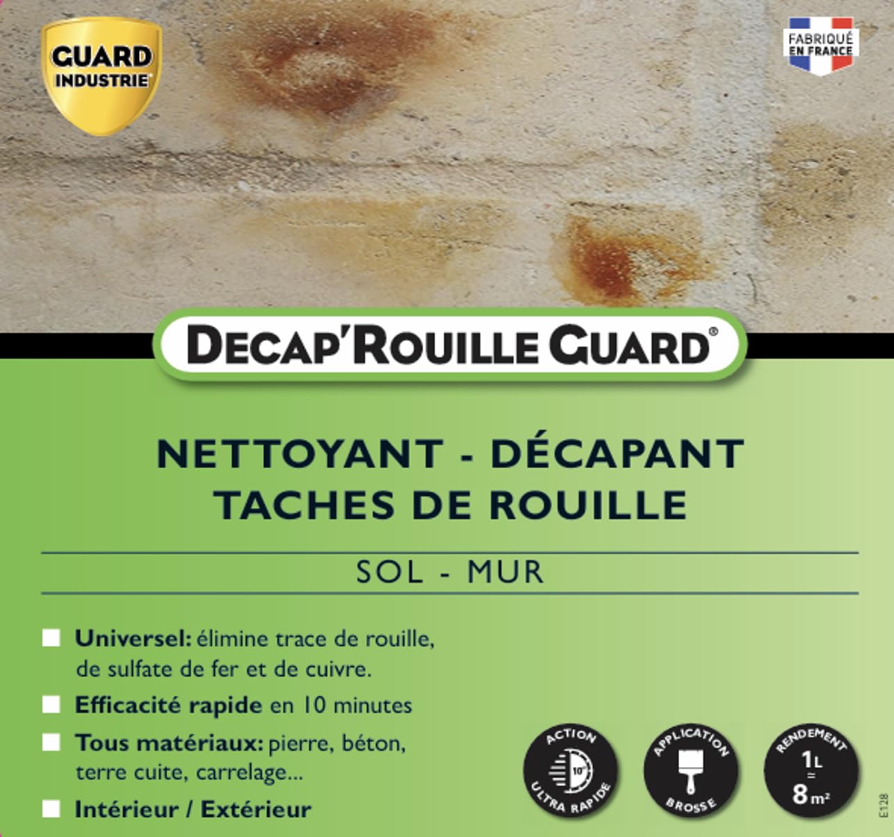 Guard Industrie - Decap'Rouille Guard - 1L traite 8m2 - Décapant Rouille Express –Agit en 10 Minutes– Pierre, Carrelage, Tomette, Béton – Elimine Sulfate de Fer, Cuivre-Sol Mur