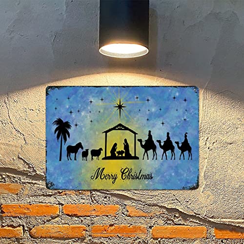 Naissance de Jésus tableau métal bleu 30,5 cm crèche de Noël