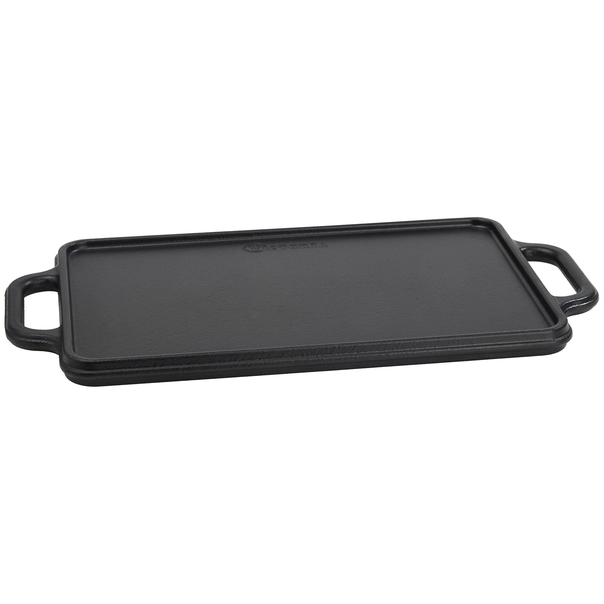 VICTORIA Plancha Cocina Hierro Fundido Esmaltado Parrilla Doble Reversible 33 X 21cm para Fuego, Barbacoa, Horno, Vitrocerámica, Gas, Libre de Tóxicos sin PTFE