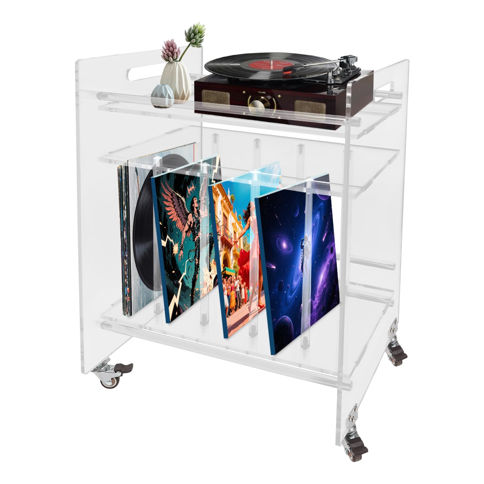 Supporto per giradischi in acrilico trasparente con ruote - Tavolino per vinili e CD - Tavolino da comodino moderno con spazio di archiviazione in vinile per il soggiorno