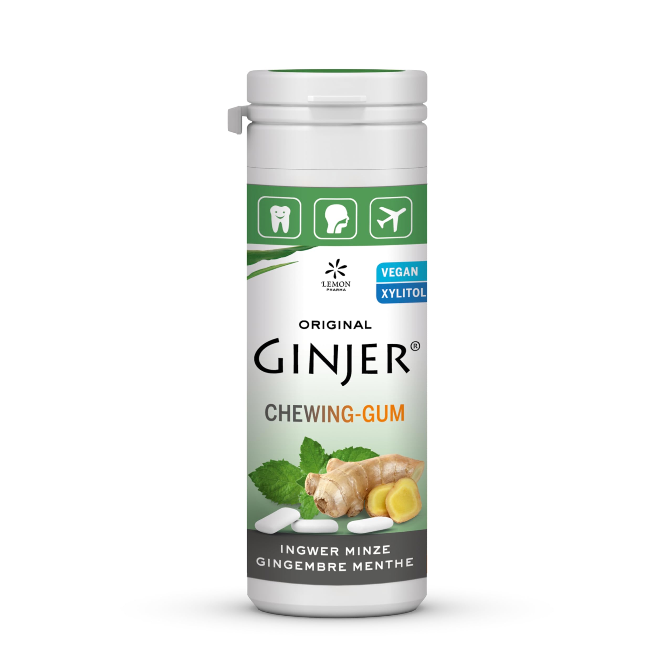 Chewing-gums au gingembre menthe et xylitol Ginjer® Lemon Pharma – Sans sucre – Boite de 30 g