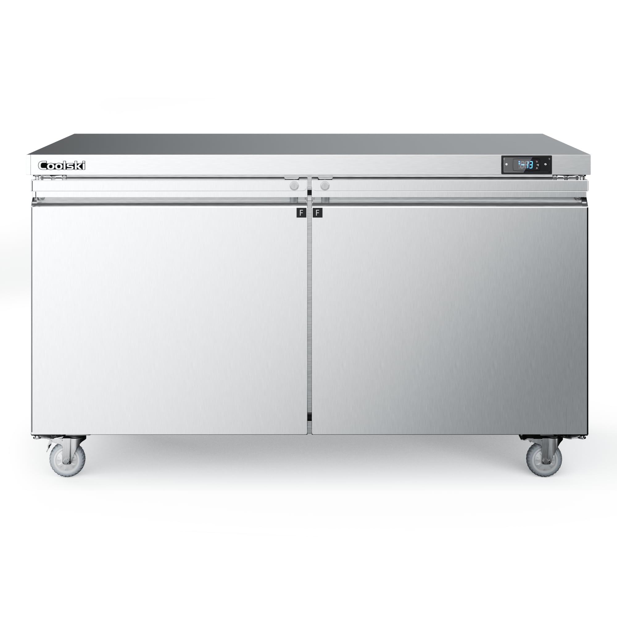 Coolski 60”W Commercial Freezer Undercounter Worktop, 17.6 Cu.ft. Stainless Steel Worktop Food Prep Freezer, -13℉to -5℉, Double Door 2 Shelves Fridge for Restaurant/Bar/Diner/Kitchen Use