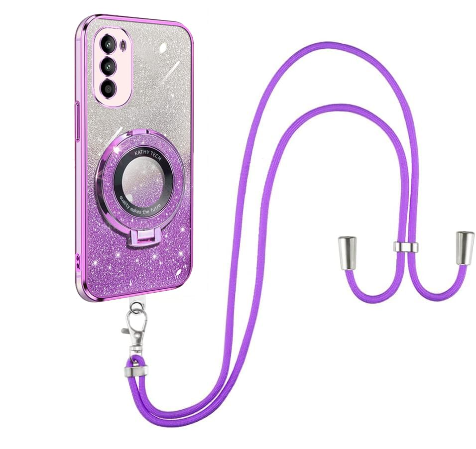 SNCLET Pegatinas Brillantes Funda con Cuerda para Motorola Moto G52 Crossbody Case Suave TPU Funda con Soporte Plegable Creativo Collar de Cuello Cordón Ultrafina Carcasa para Motorola G52,Morado