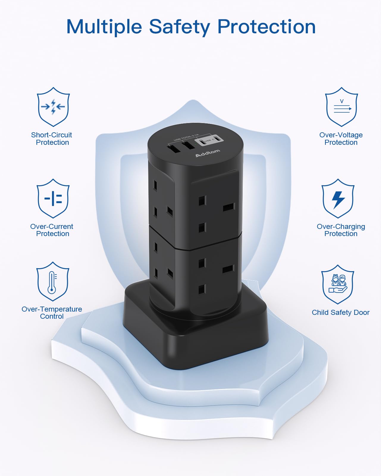Tower Extension Lead with USB Slots, (13A 3250W), 8 Way Multi Plug Extension Tower & 4 USB Ports (2 Type C), 1.8M Extension Cable, Extension Lead tower for Home Office School Supplies (Black) — view 5