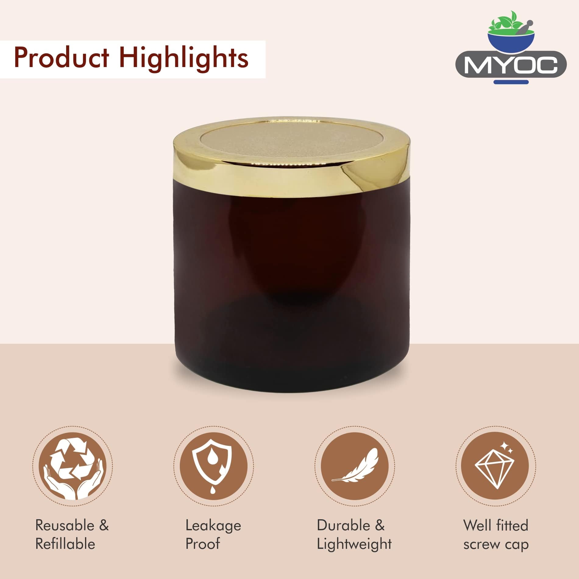 MYOC Amber San Jars with Golden Cap & Inner lid for Creams, Gel, Body Scrub & Butter, Leak-proof Reusable Refillable Portable Cosmetic Container for Makeup & DIY Cosmetic Use- 100gm(Pack of 4) 3