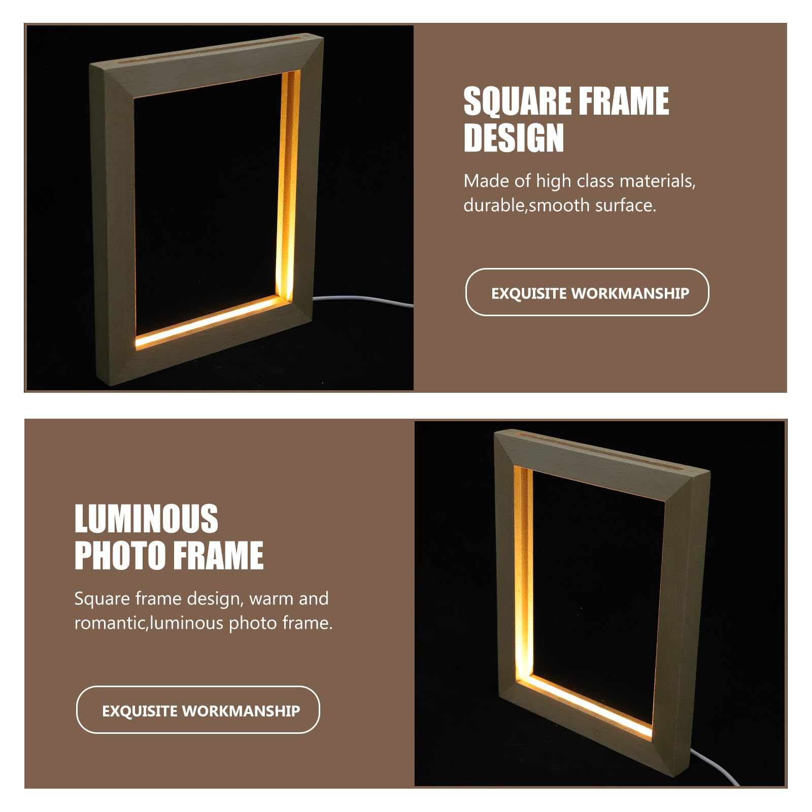 Abaodam Portafotos Elegante Marco de Fotos Luminoso LED 23X17 CM para Uso en Oficina y Hogar Soporte de Madera y Luz Cálida USB