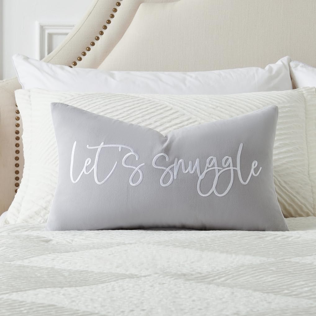 Sunkifover Let's Snuggle Decorative Lumbar Pillow Cover - 12x20 Inch Light Grey and White Cotton Embroidery Throw Pillowcase for Bed, Bedroom, Living