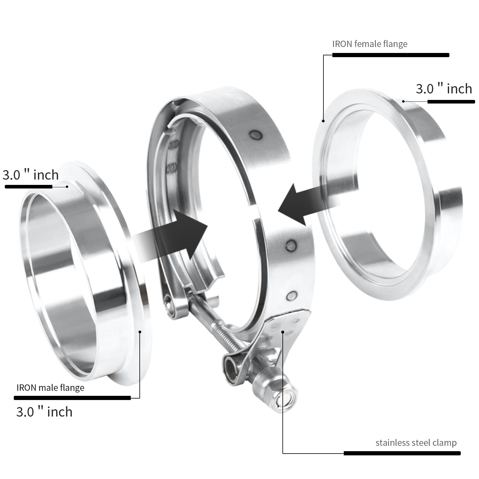 Morsetto V band 3 pollici (76mm),Kit di flangia-fascette a V,con morsetto a V in acciaio inox e flangia in ferro,per tubi di scarico turbo